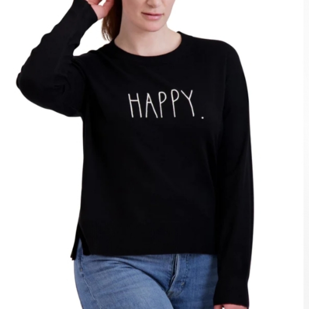 Rae Dunn HAPPY Embroidered Crewneck Sweater Black Relaxed Fit Size Medium